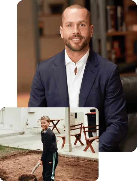 Nick Bell as a boy on the family farm, and today